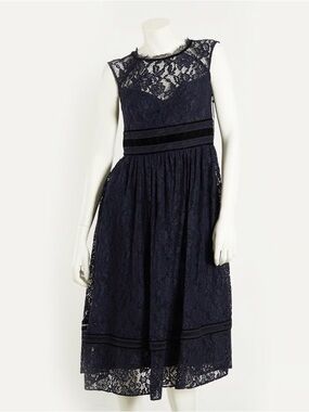 Adrianna Papell Lace Cocktail Dress Sleeveless A-Line Midi Navy Blue Women's 8